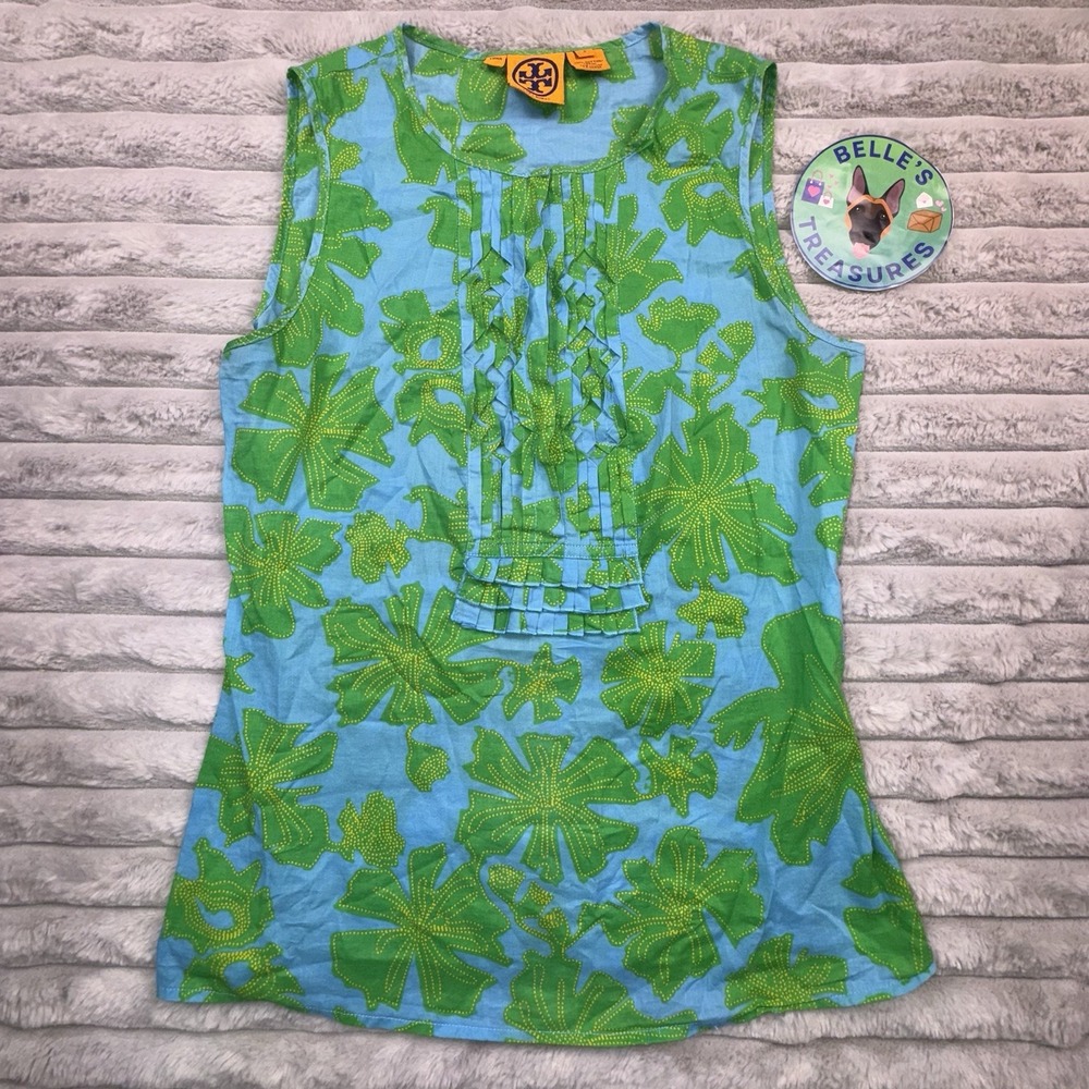 Tory Burch Tank Top Women's 2/XS Bright Green Blue Leaf Ruffled Button Shirt Lux
